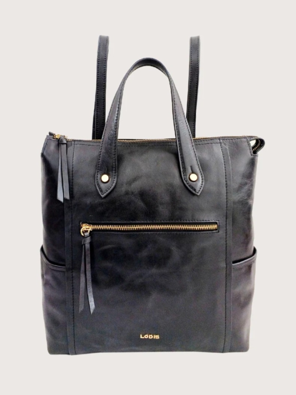 Lodis Catalina Black Leather Convertible Backpack Tote Bag Gold Hardware Purse